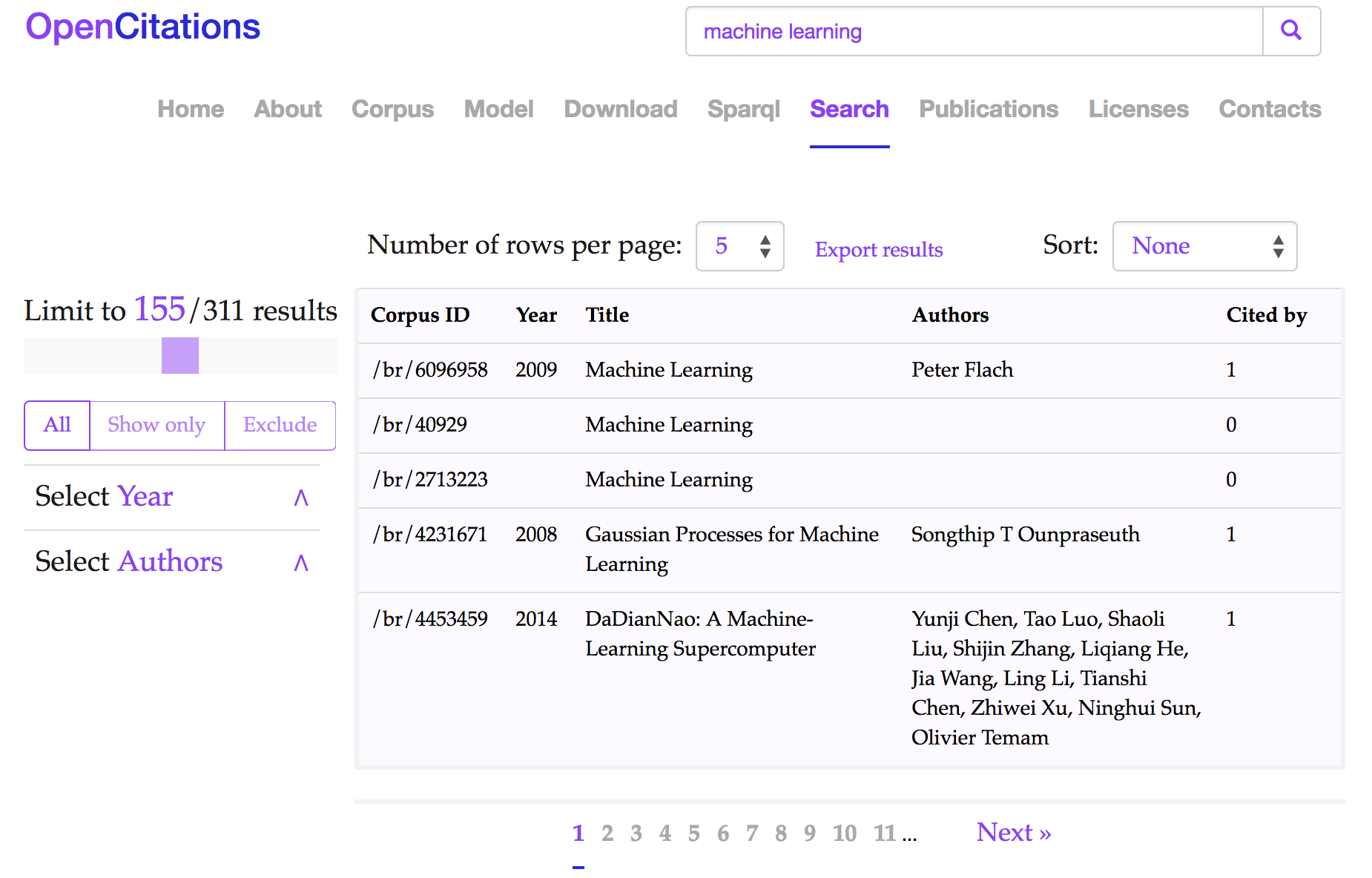 The tool in OpenCitations Web site: results after the application of a search using the text string “machine learning”.